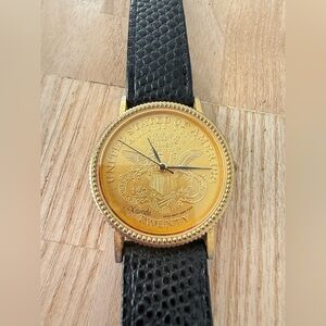 Xanadu men’s gold coin in God we trust black leather watch NEW BATTERY